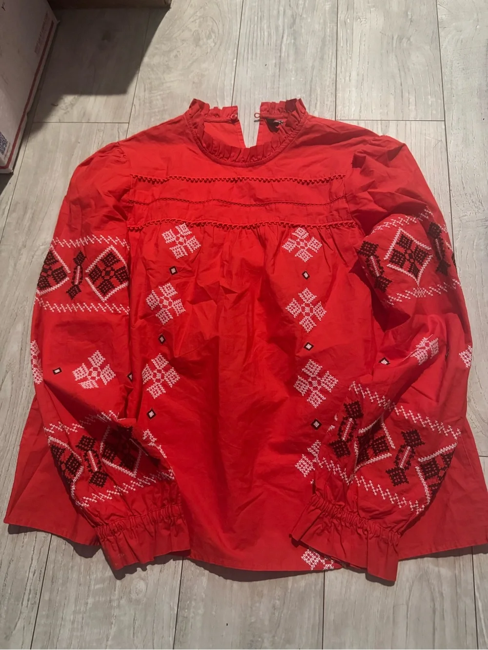 Zara Red Embroidered Long Sleeve Blouse